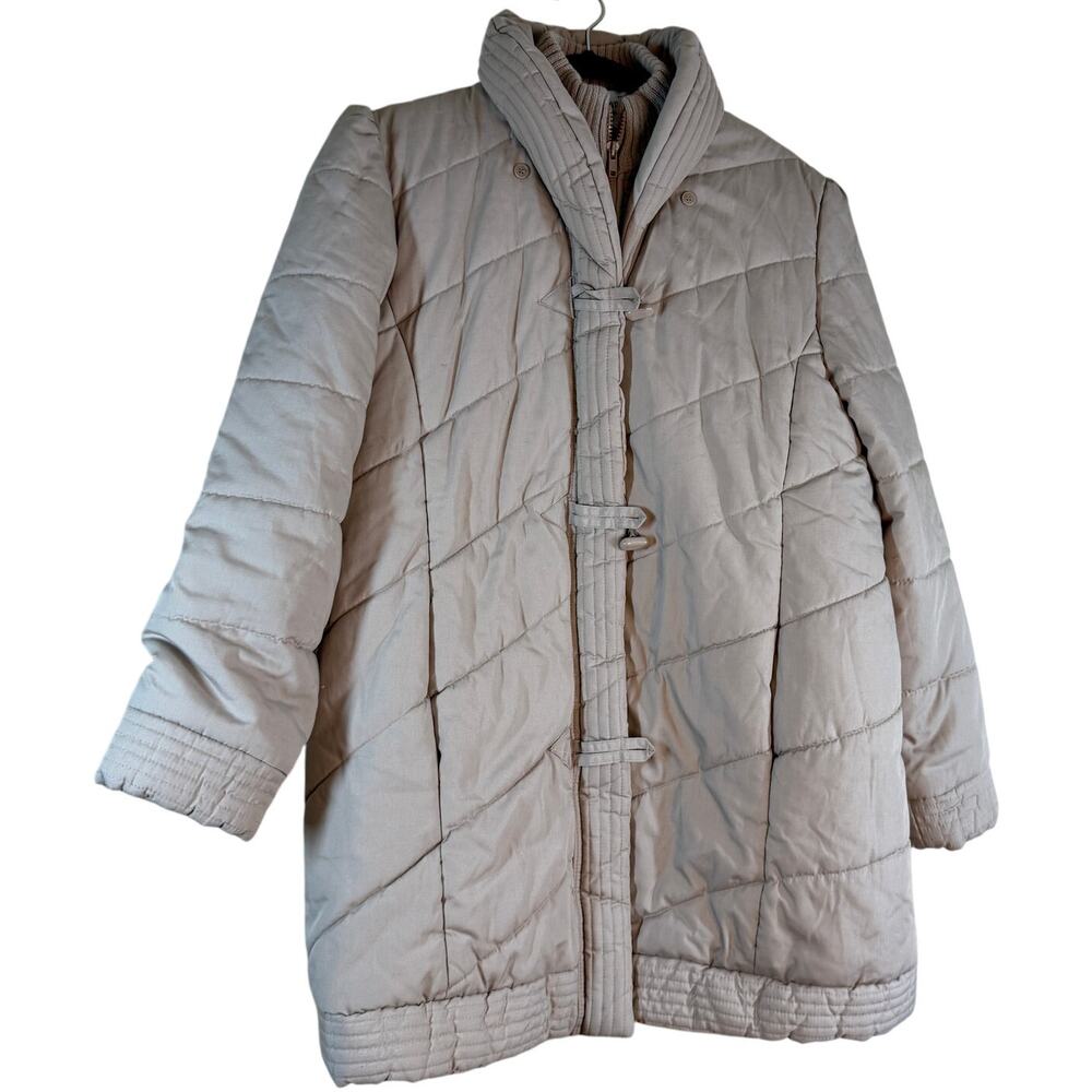 Saxton Hall Puffer Jacket Coat Women Medium Beige Full Zip Button Vintage Knit